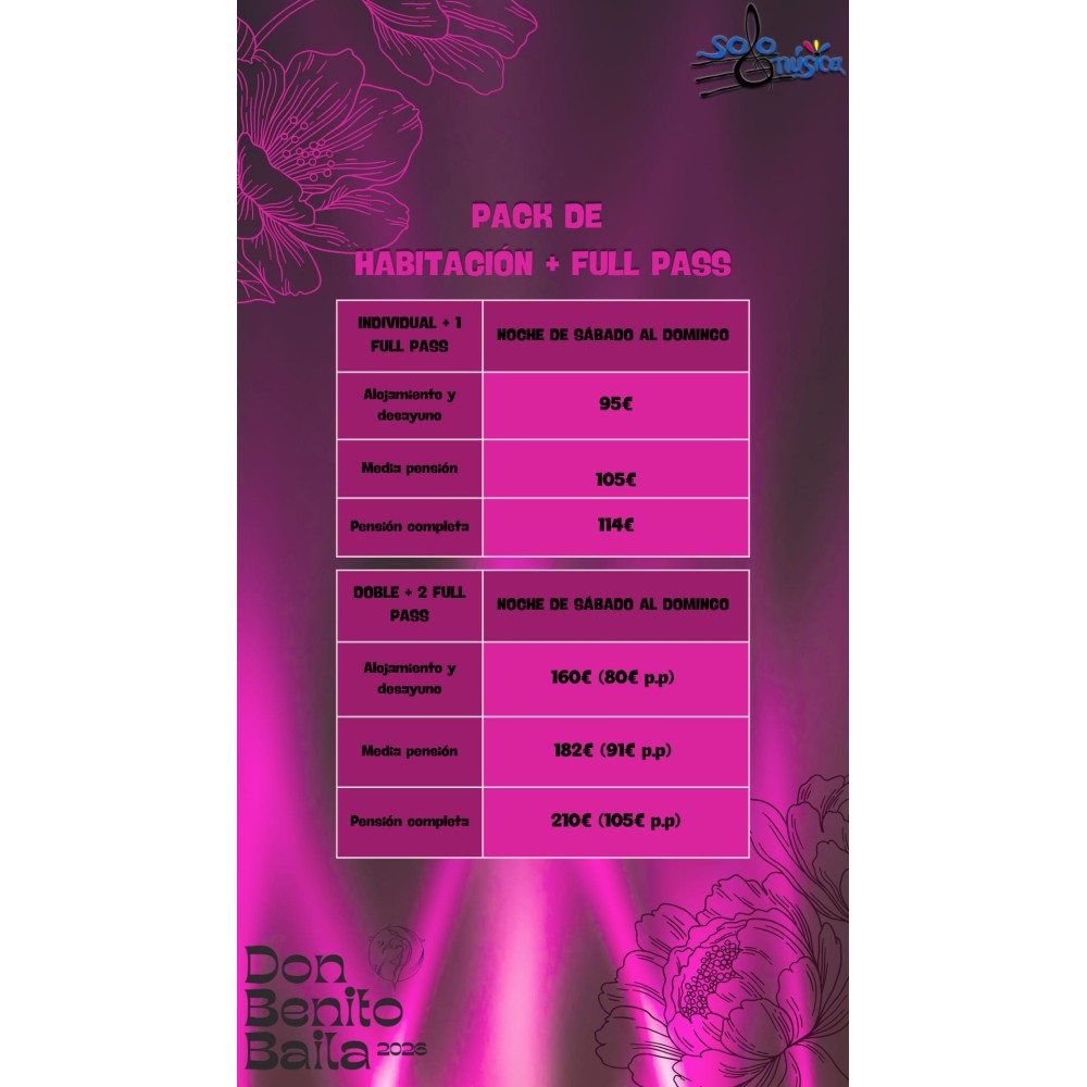 Don Benito Baila 2026 Pack habitación doble + full pass
